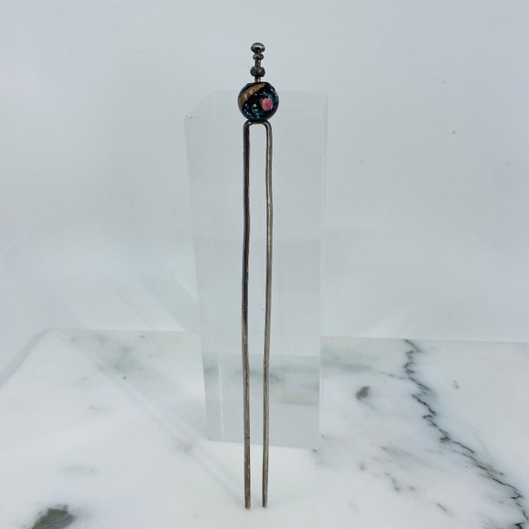 Antique silver, hand blown Murano glass bead 7\